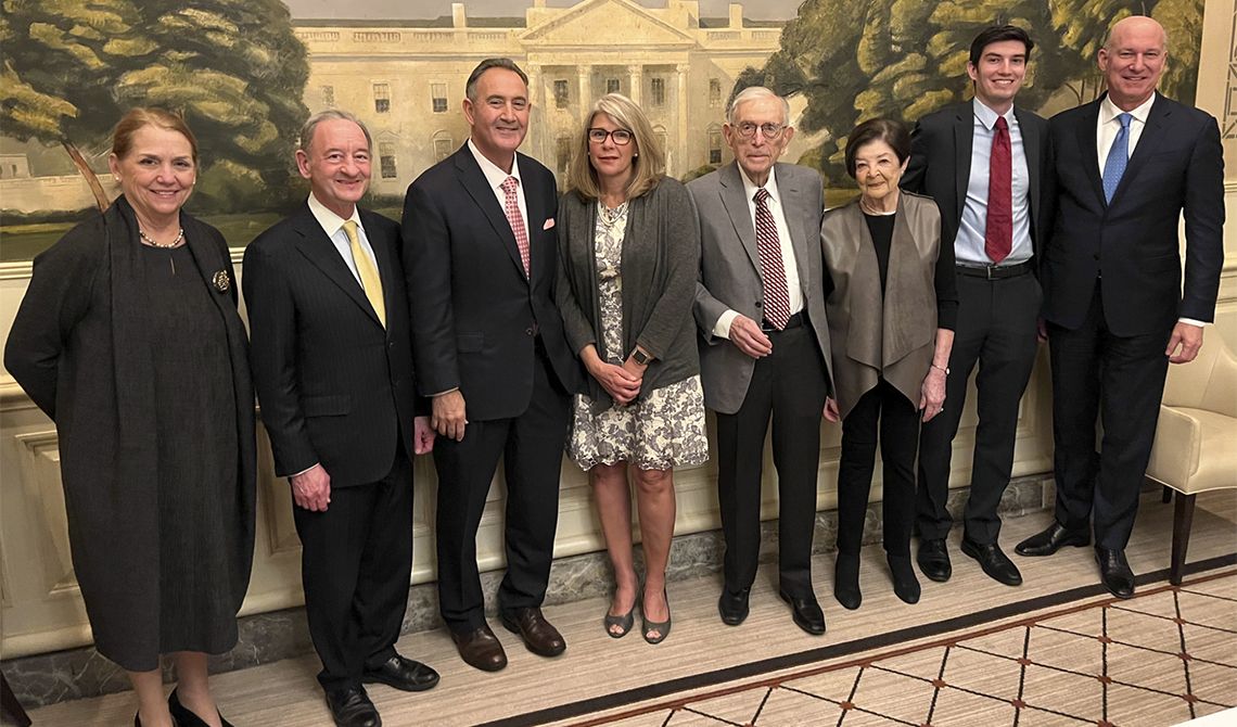 From left to right: SMHS Dean Barbara L. Bass, President Mark S. Wrighton, Jonathan B. Perlin, Donna J. Perlin, Seymour Perlin, Ruth R. Perlin, Connor R. Perlin and Jeffrey S. Akman. (Photo/Patrick Sanders/GW DAR)